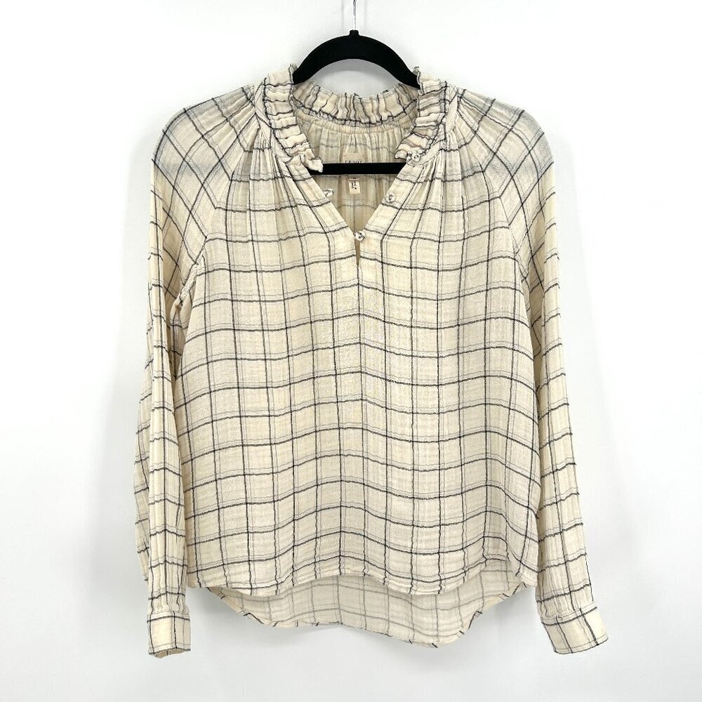 REBECCA TAYLOR La Vie *Flawed Ivory Black Silver Metallic Plaid Boxy Top Size XS